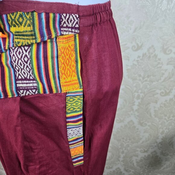 Indian Cotton Pants Dark Red Colorful Stripes Elastic Waist Adj Ankle Ties - Picture 7 of 13